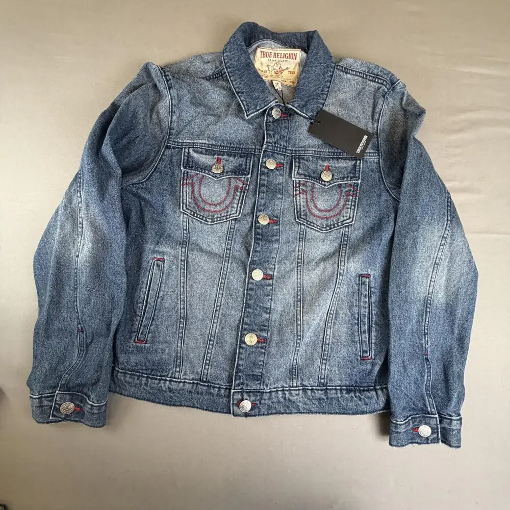 True Religion Jacket Mens Medium Blue Denim TRBJ Print SN Graphic 701133